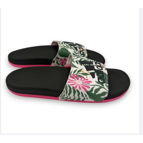 Adidas NWOB Black Slides Sandals Women's Size 6 Pink Green Tropical Print - Picture 3 of 6